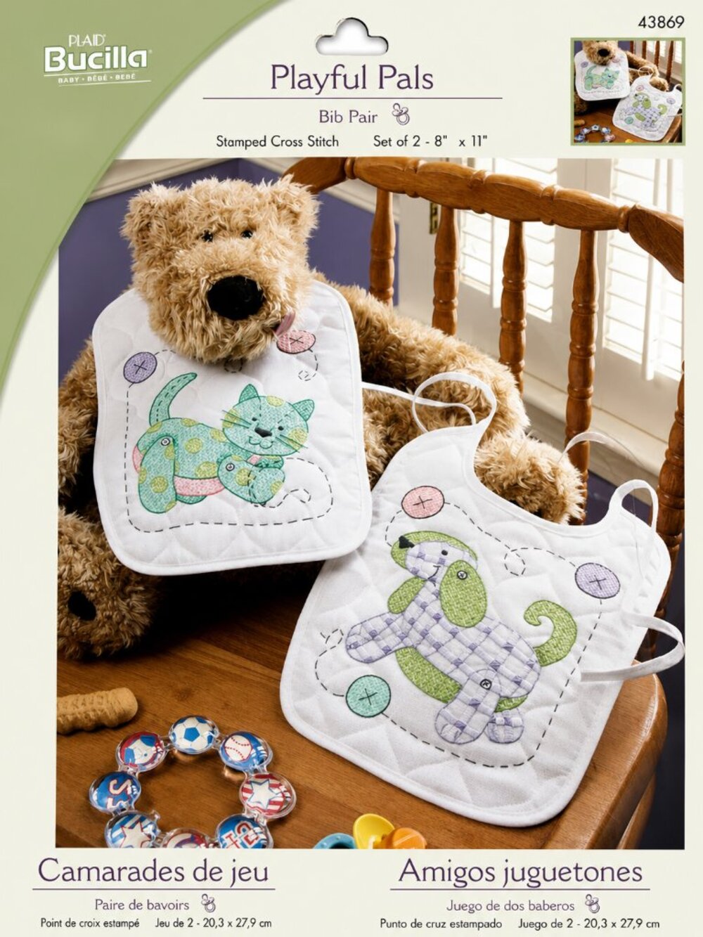 Bucilla Playful Pals Baby Bib Pair Stamped Cross Stitch Kit Set of 2 Cat & Puppy